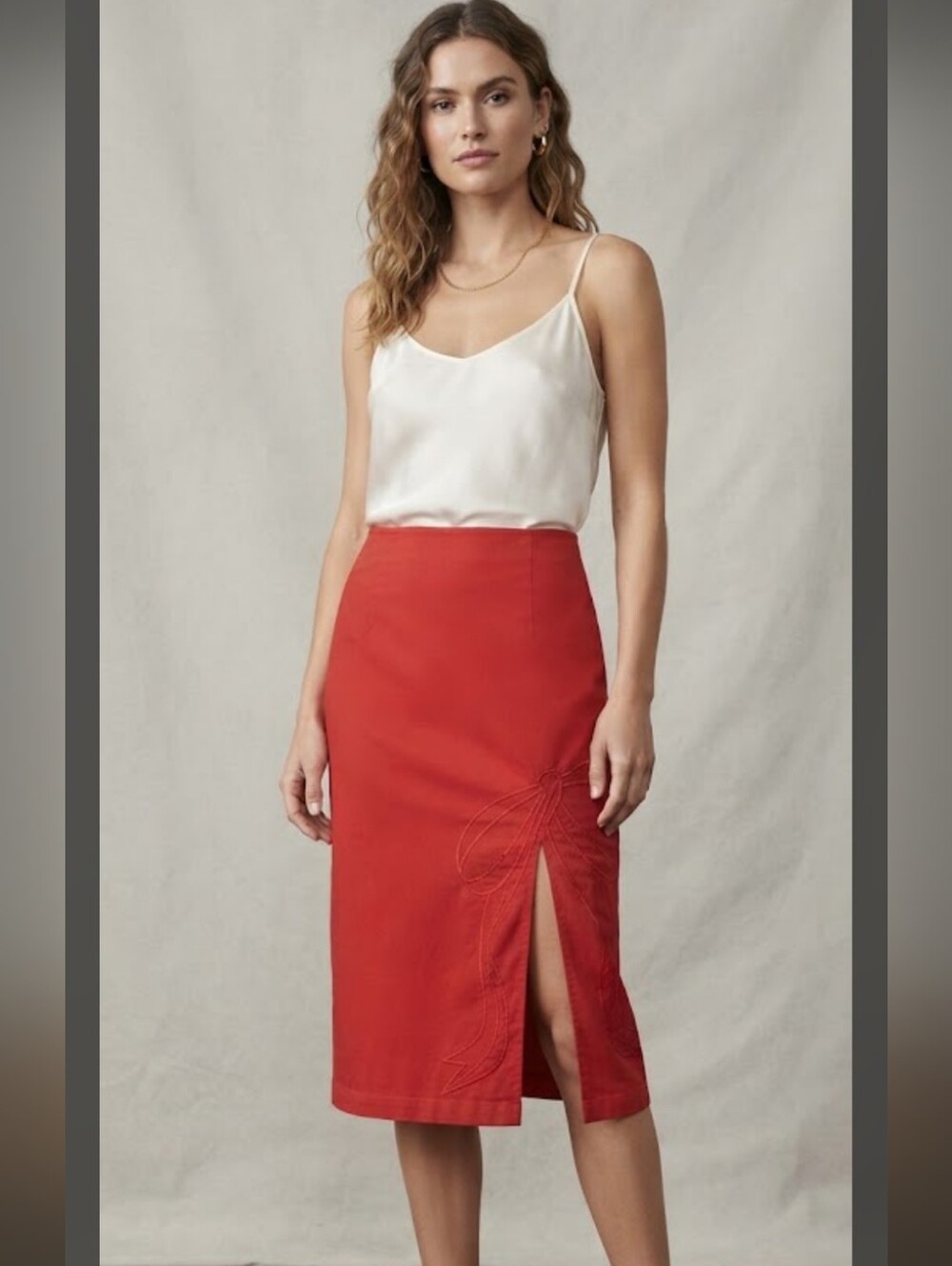 Maeve Crimson Midi Pencil Skirt with Side Slit